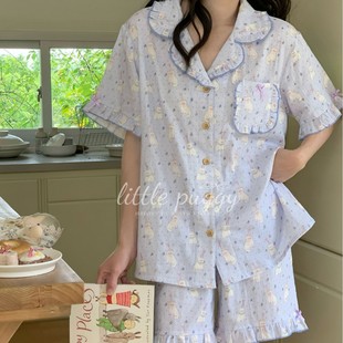 女家居服 夏季 A类双层纱猫咪小狗西装 领花边短袖 短裤