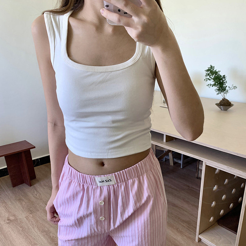 侘町2025年新款夏季纯色背心吊带方领女款修身简约内搭打底上衣