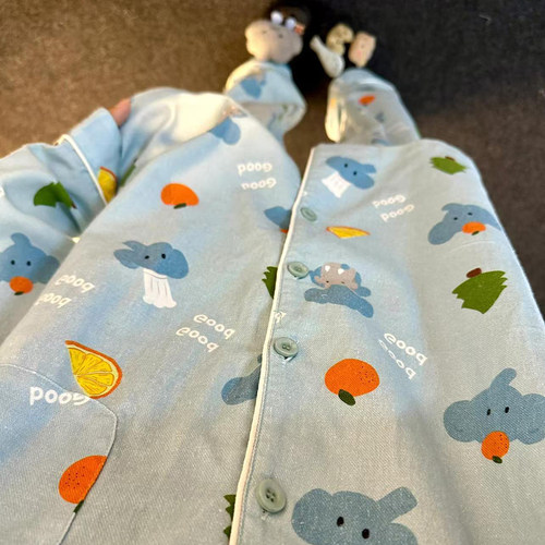 侘町2024年新款GOOD蓝色大象纯棉长袖睡衣女卡通春秋季家居服秋款