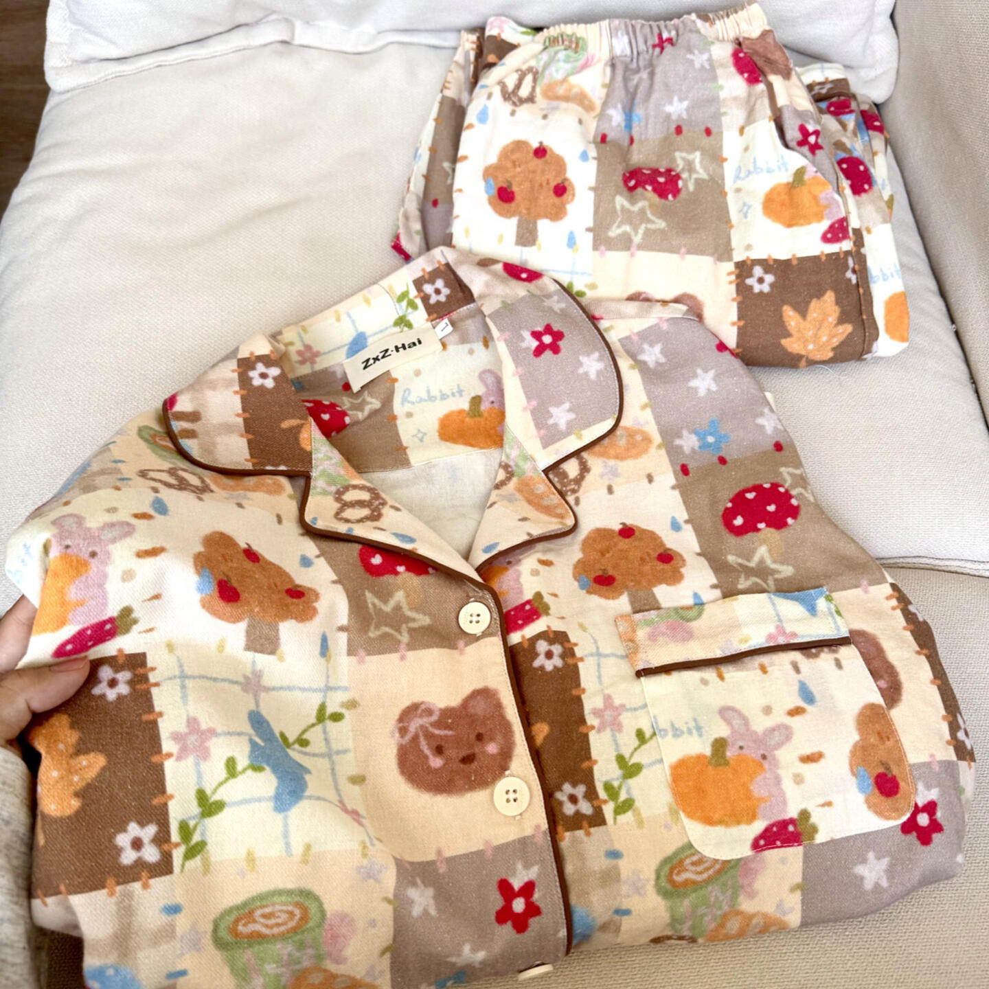 侘町2025年春秋季新款南瓜小熊纯棉磨毛睡衣女长袖休闲家居服套装