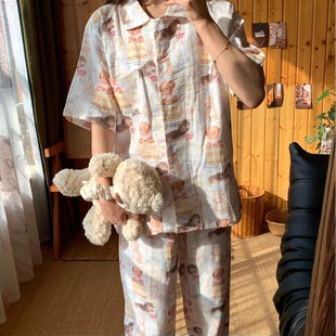 睡衣短袖 甜美棉纱可爱长裤 家居服纯棉双层套装 宽松 纱布睡衣新品