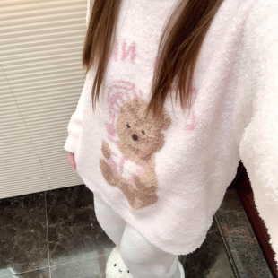 卡通睡衣加绒家居服套装 侘町2025秋冬新款 粉色晚安小熊半边绒长袖