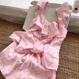 侘町2025新款 粉底碎花小熊荷叶边吊带短裤 睡衣女夏甜美家居服套装