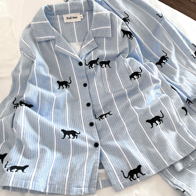 侘町蓝调豹子条纹2025秋冬新款睡衣纯棉长袖女款可外穿套装家居服