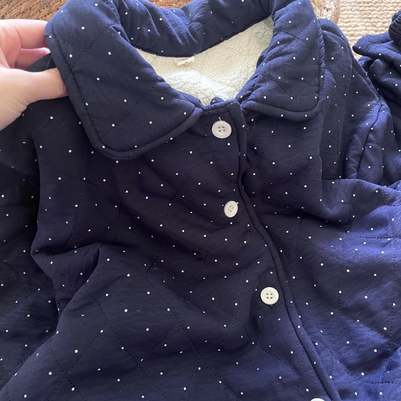 侘町冬季2025新款睡衣女深蓝波点空气夹棉加厚开衫翻领套装家居服