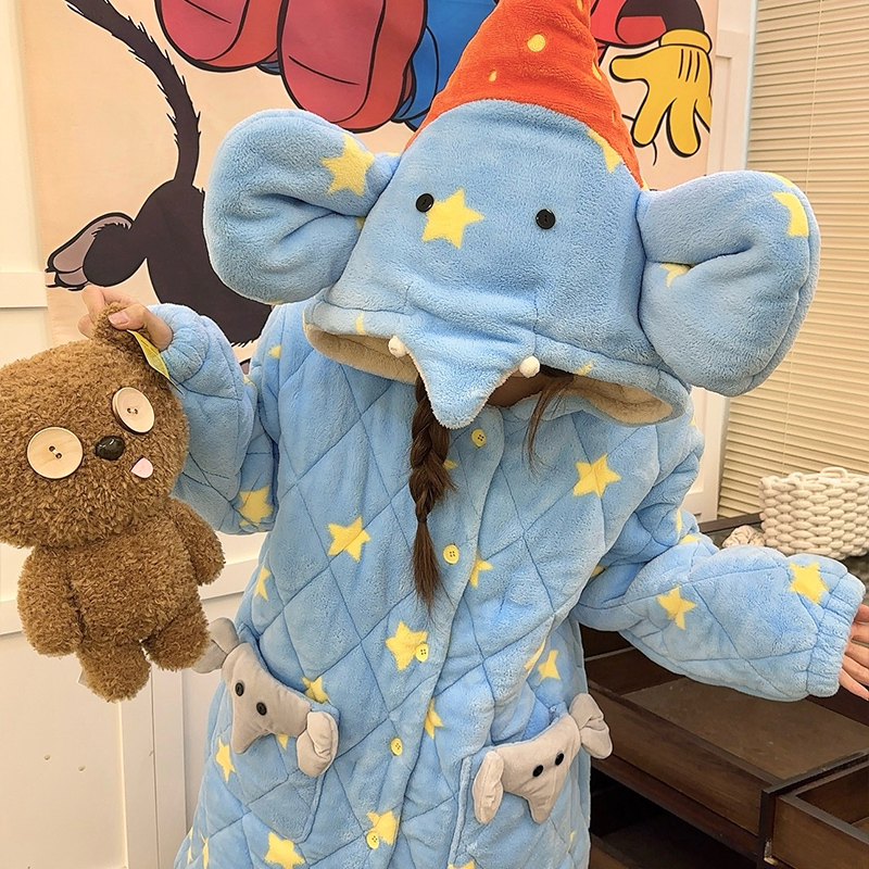侘町2025冬季新款笨笨大象睡袍女秋冬加绒加厚三层夹棉家居服睡衣