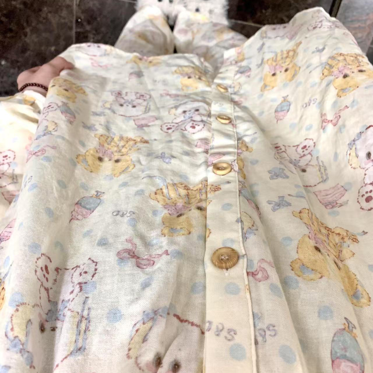 侘町2025新款纯棉奶油小熊长袖睡衣少女卡通猫咪春秋季家居服套装