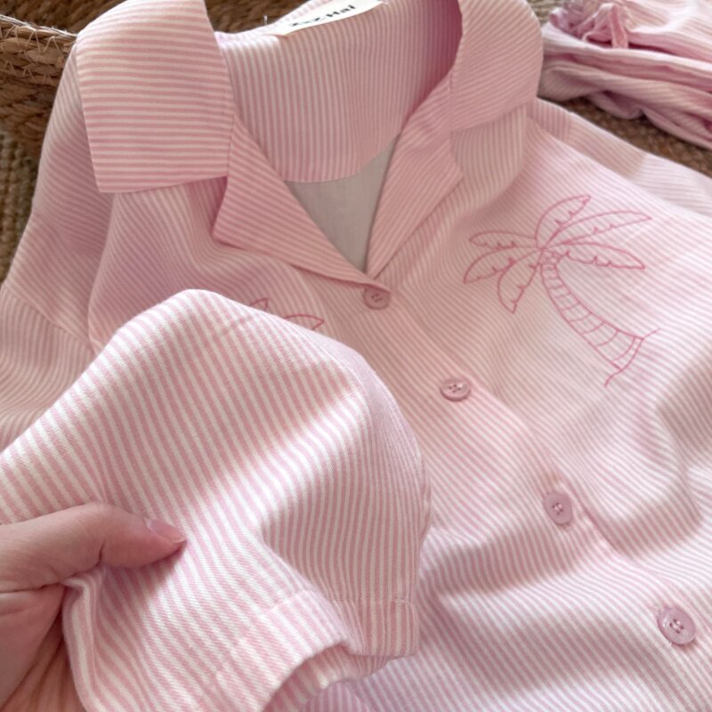 侘町睡衣女2025秋冬新款纯棉可外穿粉色条纹椰子树休闲翻领家居服