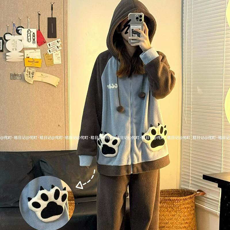 侘町2024新款猫爪口袋果粒绒睡衣女秋冬款保暖加绒加厚连帽家居服