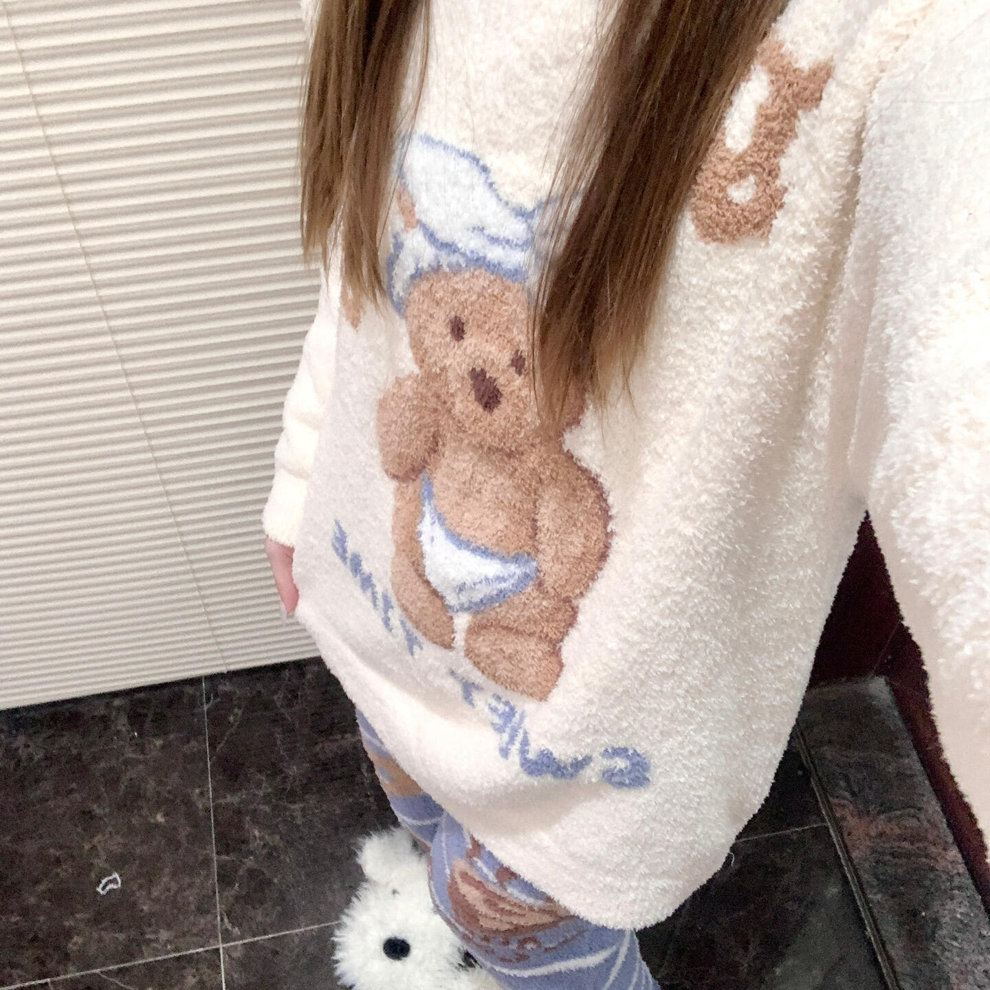 侘町2025秋冬新款甜睡小熊圆领睡衣软绵绵半边绒甜美保暖家居服女