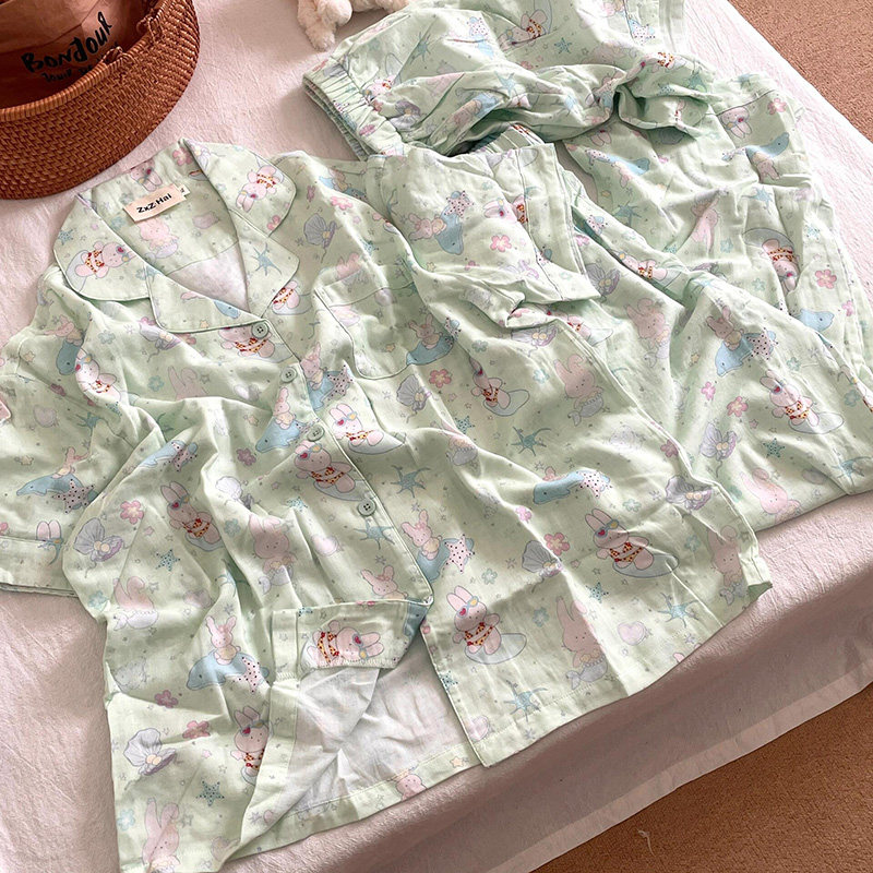 侘町2025年新款夏日冲浪兔兔纯棉短袖三件套睡衣女夏季卡通家居服