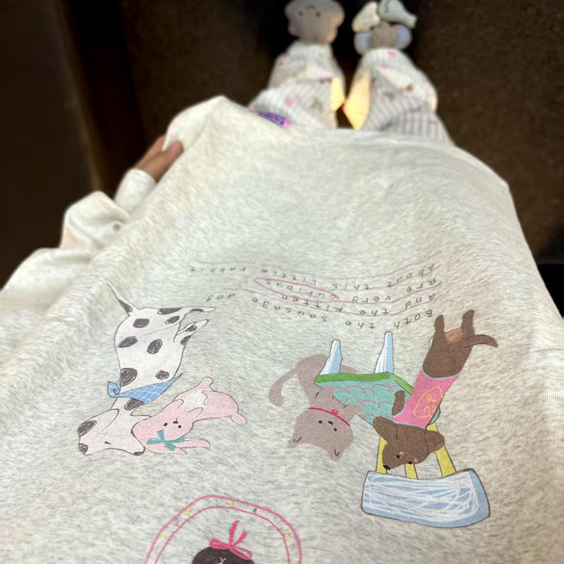 侘町2025新款一口兔兔灰色长袖睡衣女春秋款纯棉卡通家居服春季