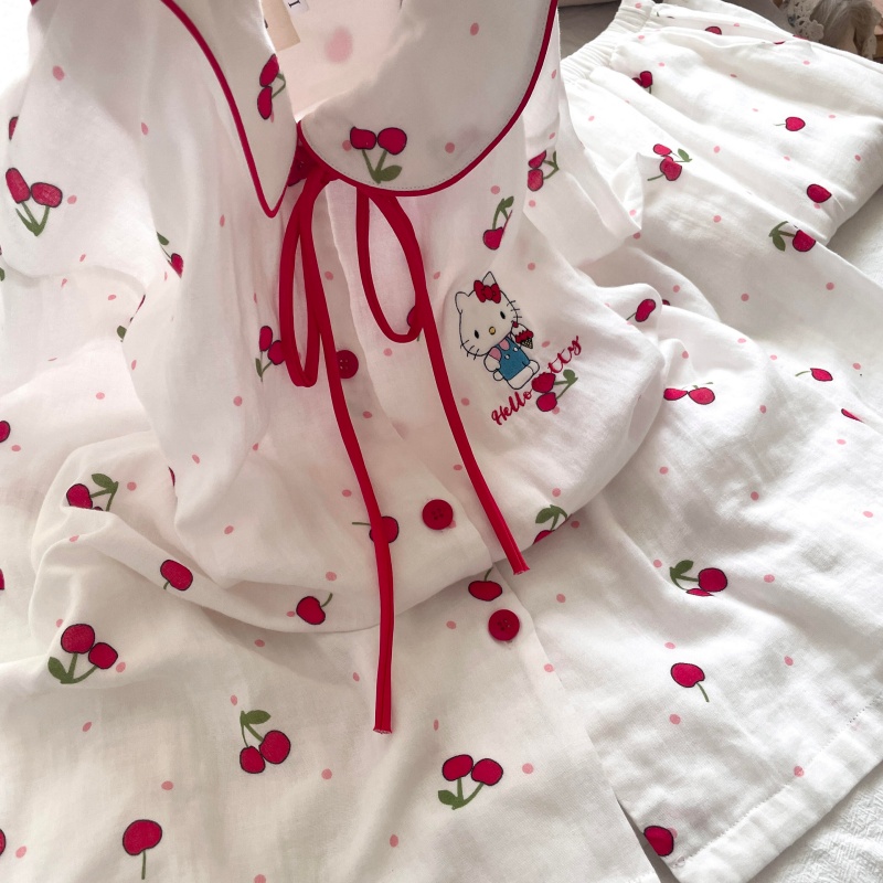 侘町纯棉睡衣女2025新款樱桃Kitty秋冬开衫翻领套装可外穿家居服