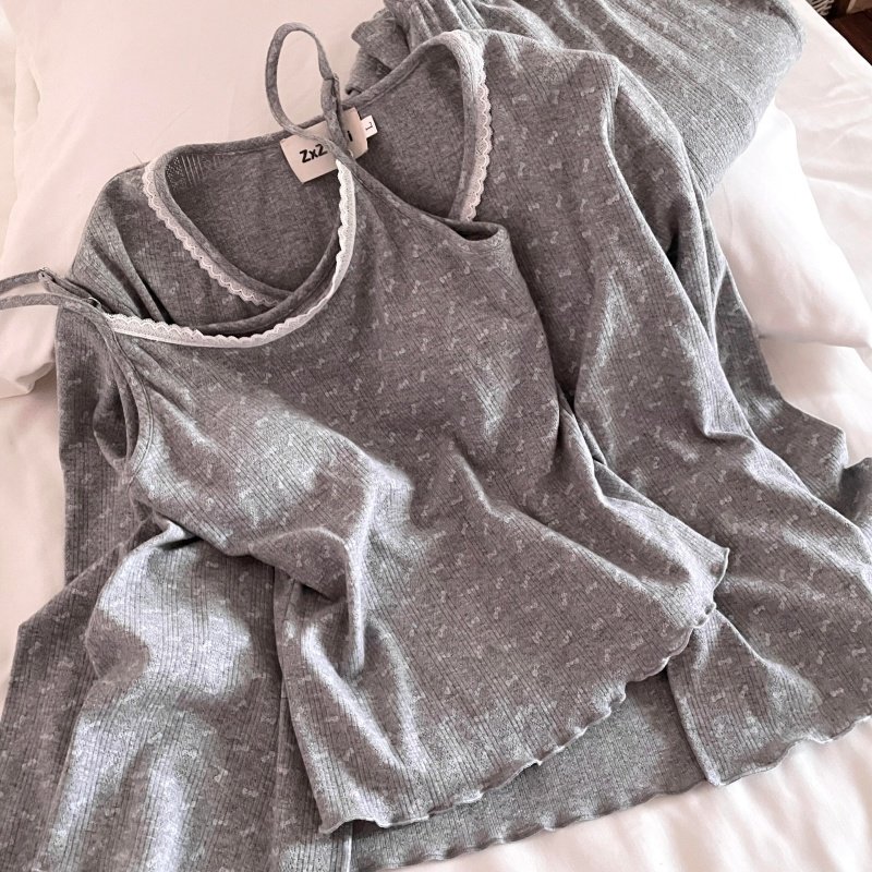 侘町深色蓝碎花2025秋冬新款纯棉含胸垫三件套睡衣女款田园家居服