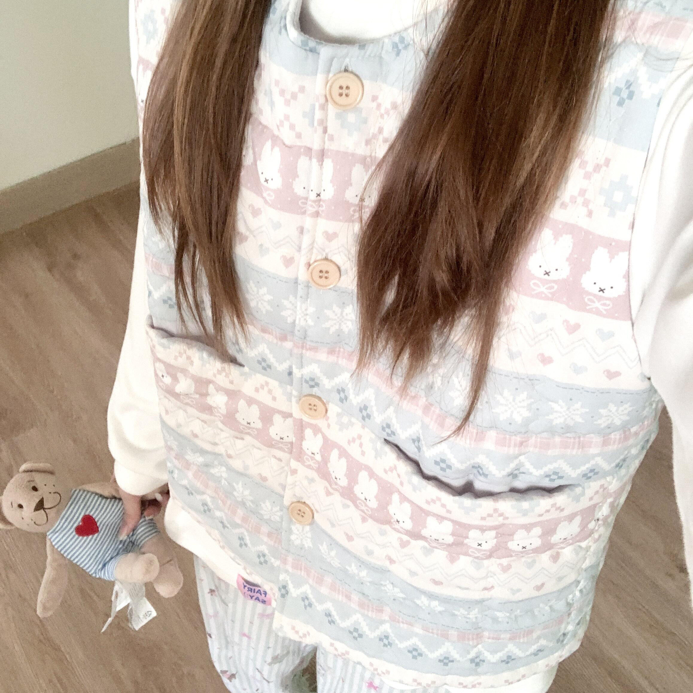 侘町2025年家居服新款冬季女空气夹棉保暖费尔岛米菲马甲卡通睡衣