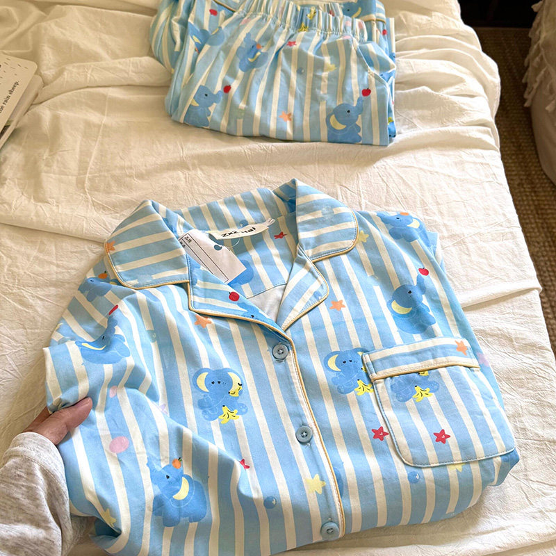 侘町2025新款蓝色条纹香蕉大象长袖纯棉睡衣女春秋休闲套装家居服