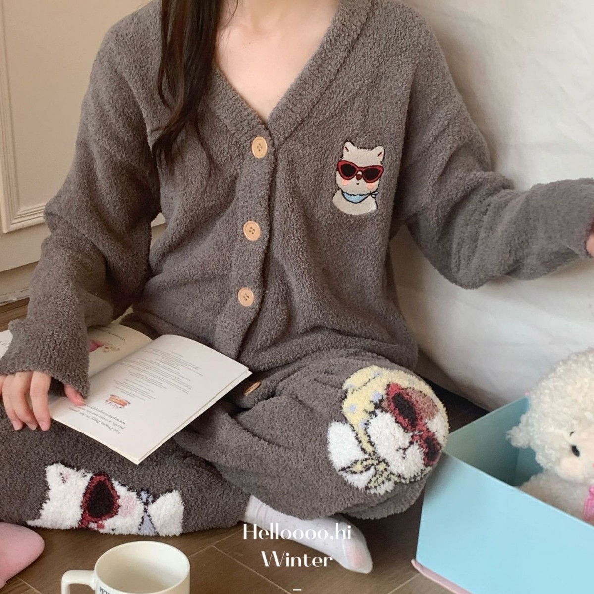 侘町2025新款秋冬半边绒刺绣针织开衫睡衣套装女卡通可外穿家居服