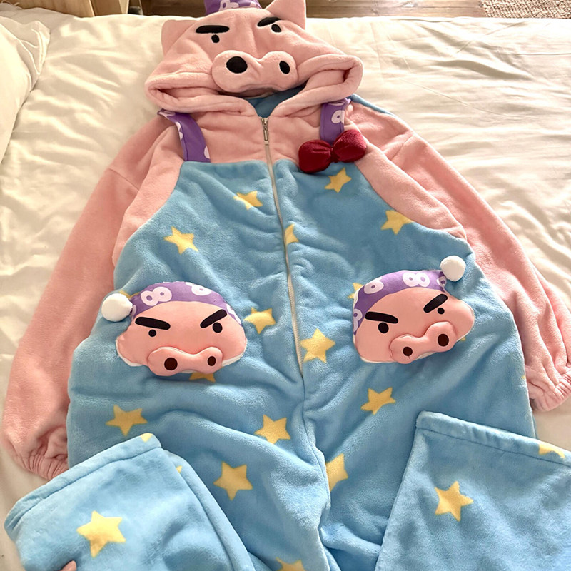 侘町2025新款秋冬季连体背带肥嘟嘟左卫门加厚法兰绒睡衣女家居服