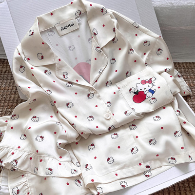 侘町2025年新款kitty脑袋冰丝短袖短裤睡衣夏季款卡通家居服套装