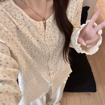 侘町2025新款春日田园风针织纯棉开衫圆领长袖长裤柔软家居服套装