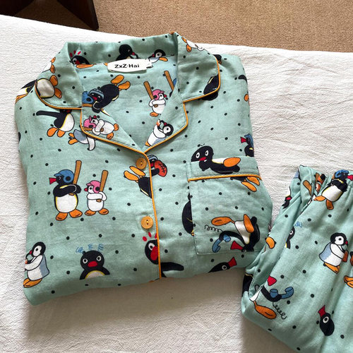 侘町2025新款pingu薄荷曼波纯棉长袖睡衣女春秋季卡通家居服套装