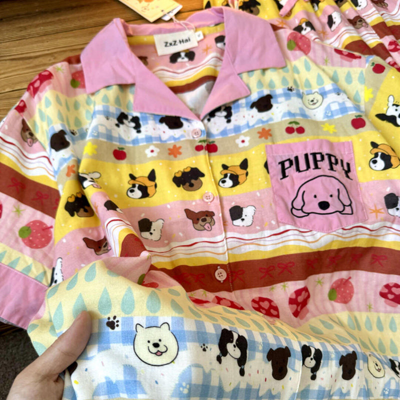 侘町2025年新款卡通多巴胺小狗短袖睡衣女夏季款可外穿纯棉家居服