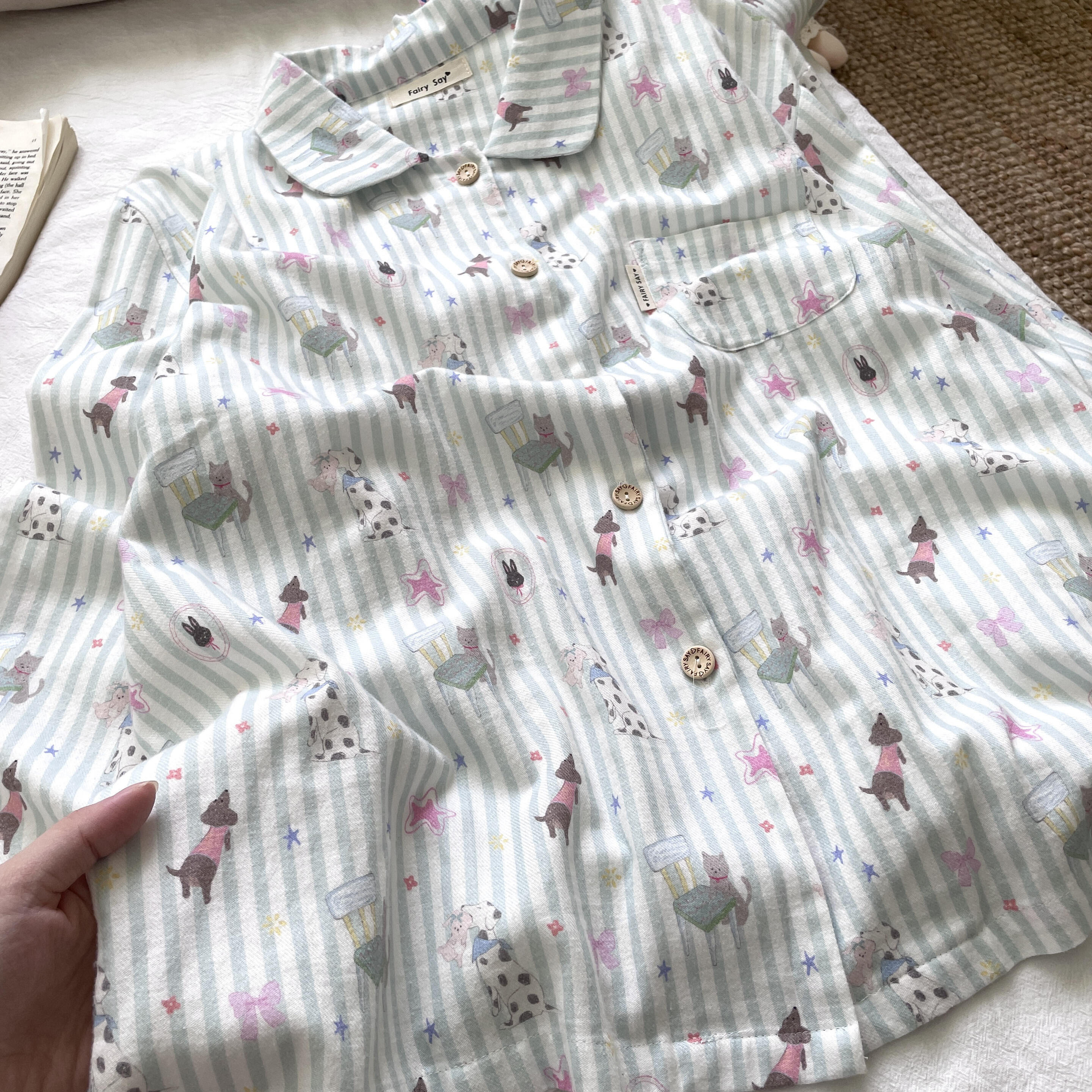 侘町2025春季新款条纹一口兔兔灰袖睡衣女春秋款纯棉翻领家居服,女士内衣/男士内衣/家居服,睡衣/家居服套装,淘宝优惠券,粉丝福利购,淘宝优惠卷