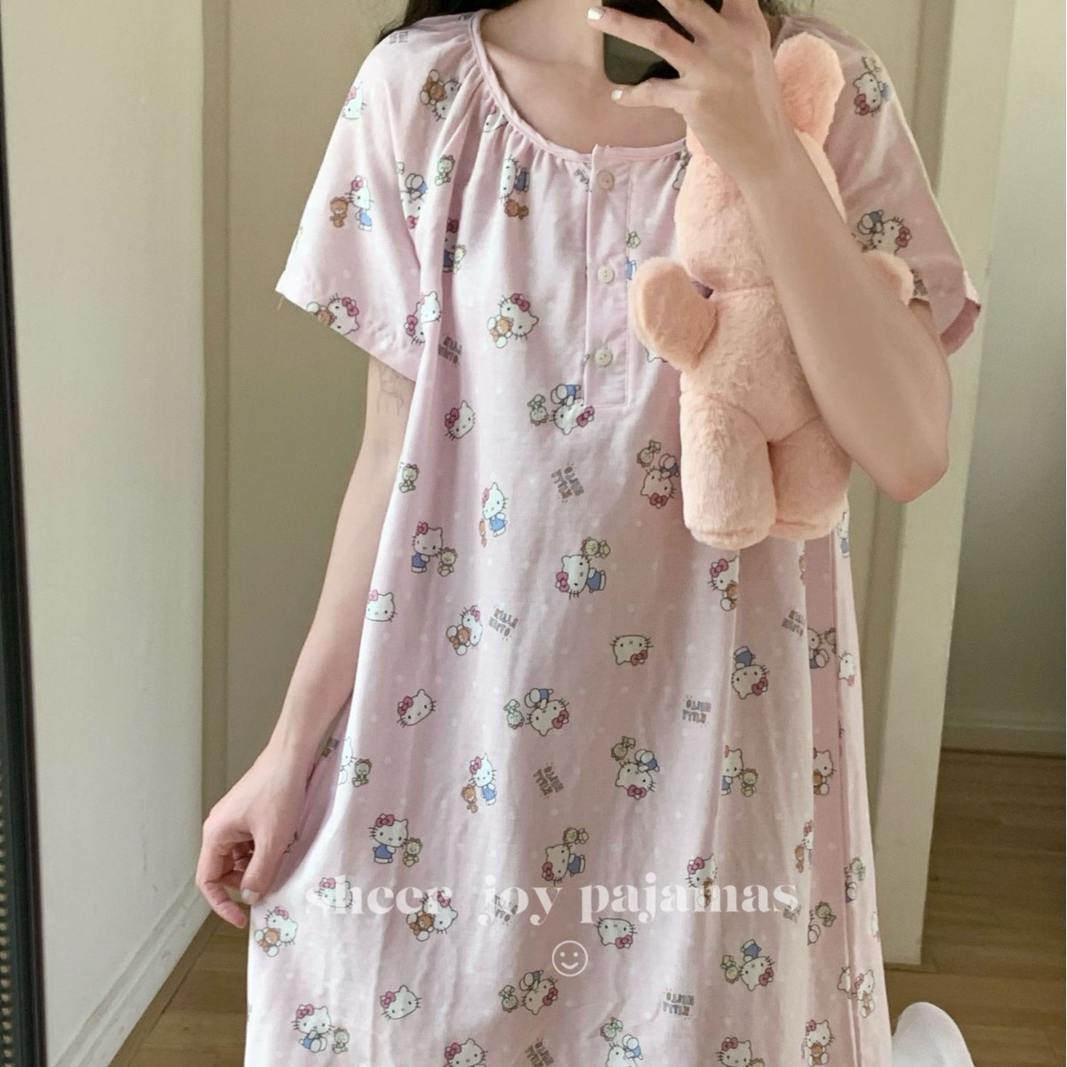 25年春夏新款睡裙双层纱家居服西服领宽松休闲睡衣韩风玩偶KT粉