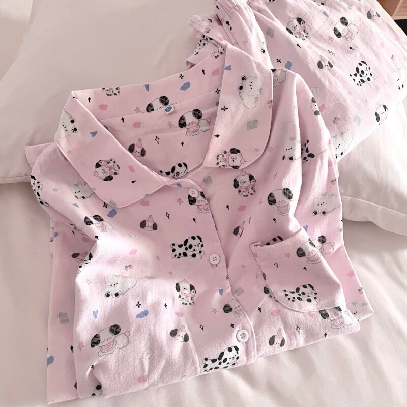 侘町睡衣女款2025秋冬新款纯棉糯米狗狗卡通翻领休闲可外穿家居服