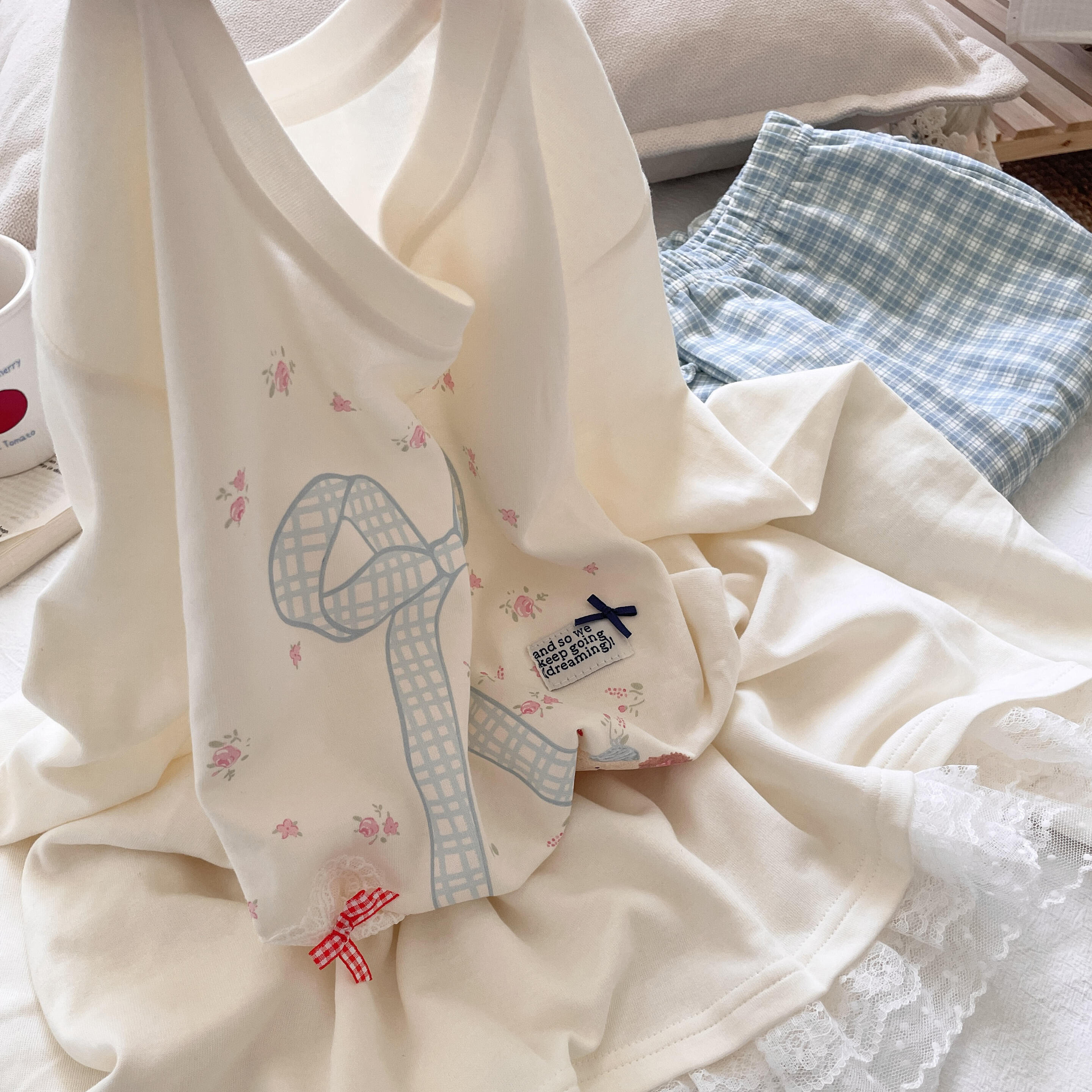 侘町2025年家居服新款格子花花长袖套装纯棉睡衣少女可外穿春秋季