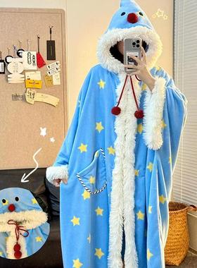 侘町2025年新款圣诞雪人法兰绒睡袍女秋冬款可外穿家居服斗篷冬季
