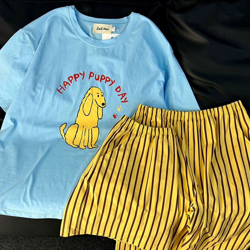侘町2024年新款puppy蓝黄三件套睡衣女夏季薄款纯棉家居服套装