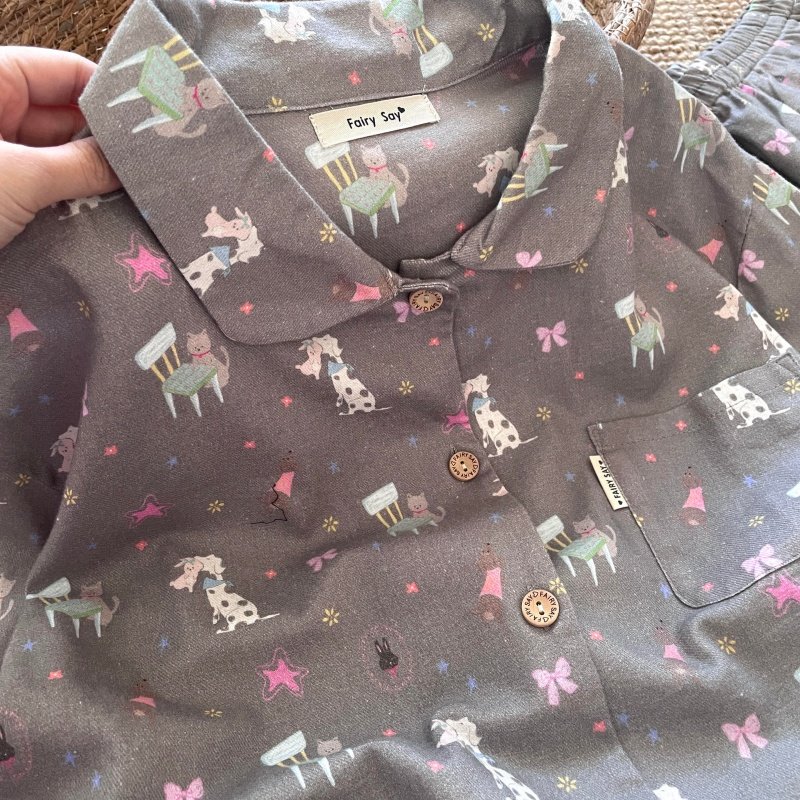 侘町睡衣女款2025秋冬新款纯棉翻领星星猫咪卡通套装可外穿家居服