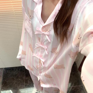 睡衣女套装 卡通冰丝夏季 家居服黑皮kitty脑袋长袖 侘町2025年新款