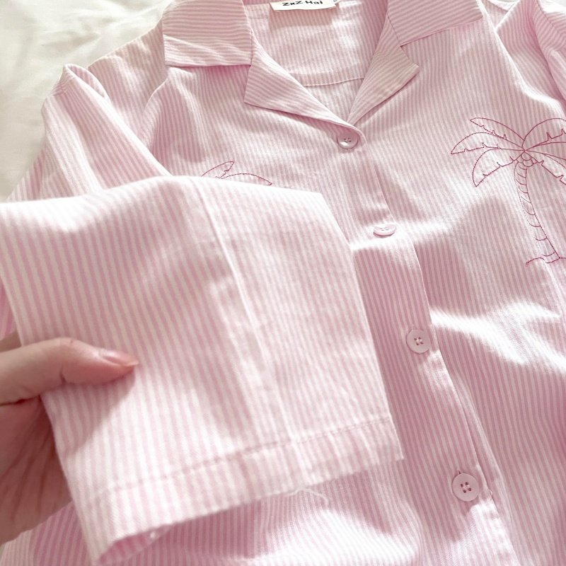 侘町粉色条纹椰子树2025春秋新款纯棉开衫家居服可外穿睡衣套装女,女士内衣/男士内衣/家居服,睡衣/家居服套装,淘宝优惠券,粉丝福利购,淘宝优惠卷