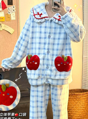侘町2025年款蓝色苹果格子法兰绒睡衣女秋冬款加绒加厚家居服冬季