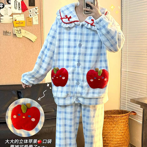 侘町2025年款蓝色苹果格子法兰绒睡衣女秋冬款加绒加厚家居服冬季