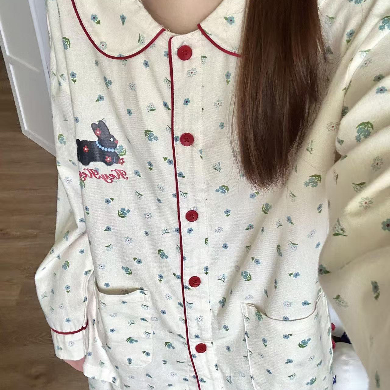 侘町2025家居服新款碎花小灰兔长袖休闲女纯棉卡通磨毛秋冬季睡衣