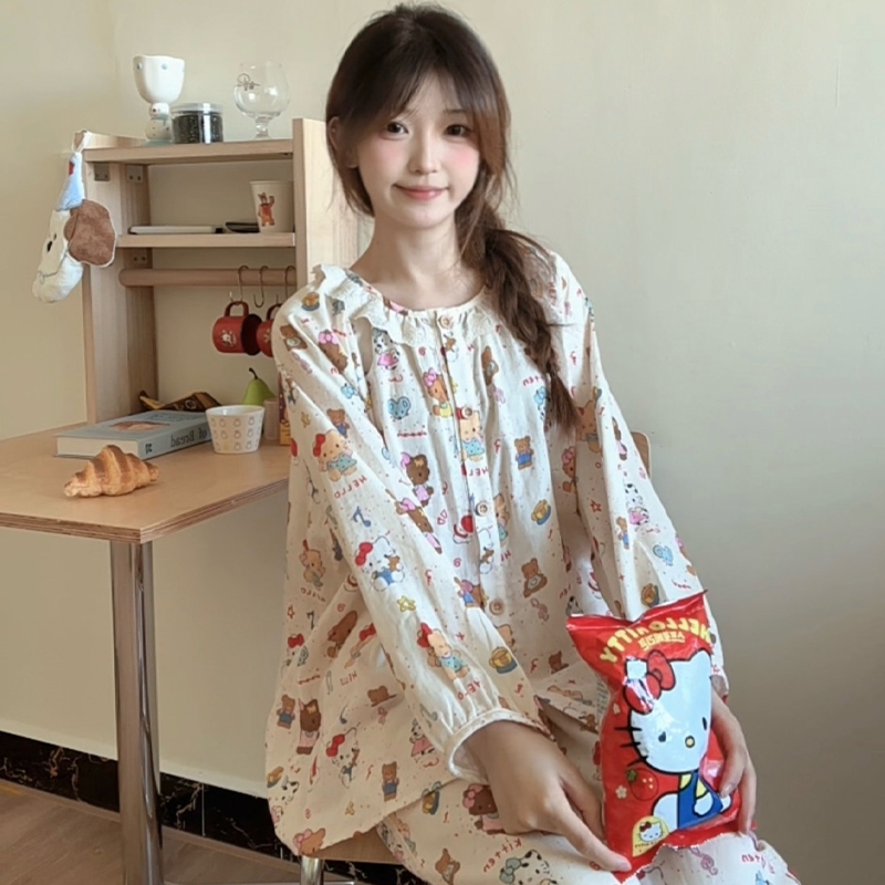 侘町2025新款复古凯蒂猫纯棉双层婴儿纱布睡衣秋季长袖家居服套装