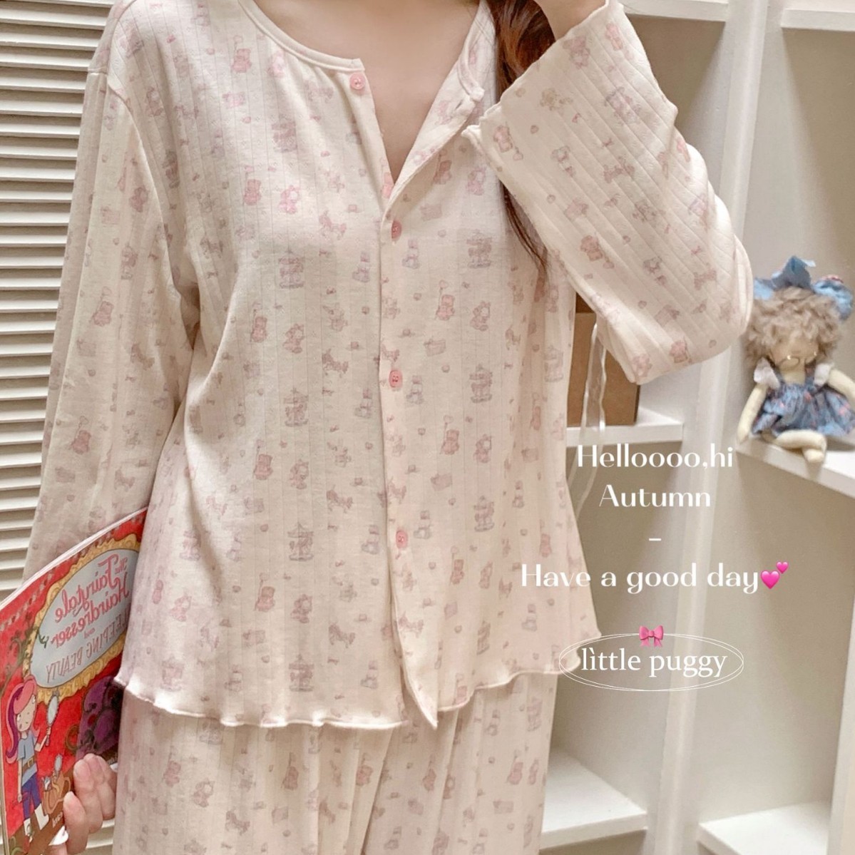 侘町2025新款秋冬针织两件套睡衣卡通可爱小熊小兔子长袖长裤套装