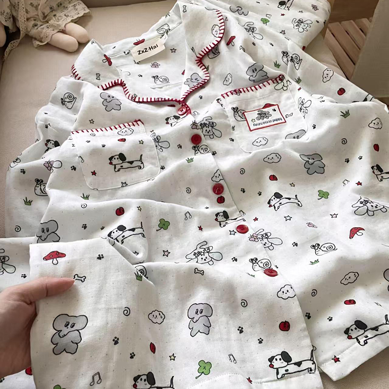 侘町2025新款纯棉长袖睡衣女款涂鸦线条小狗春秋季套装卡通家居服