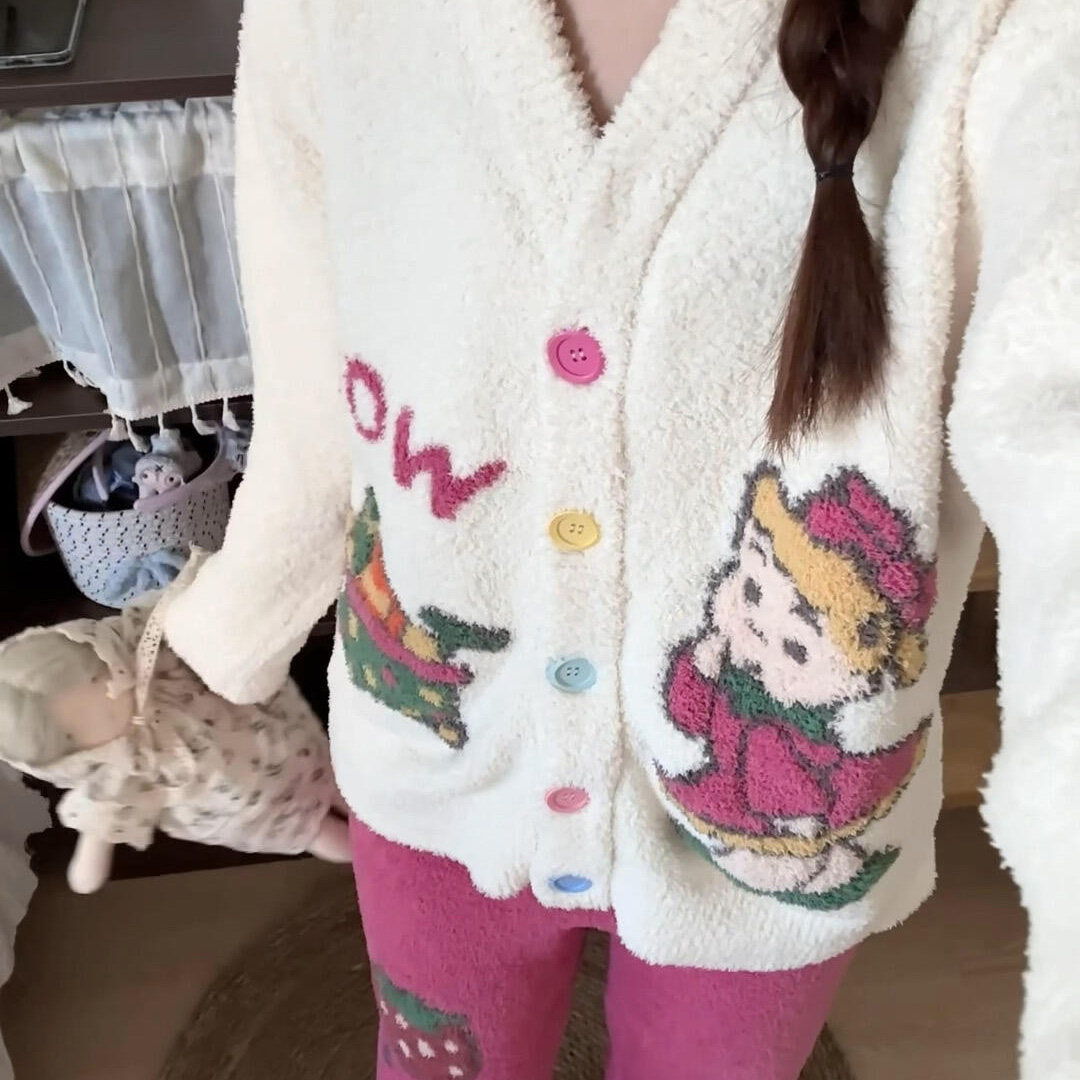 侘町2025新款粉白wow原田治女孩半边绒开衫秋冬睡衣保暖加绒居家