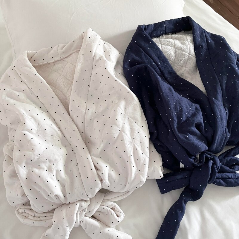 侘町杏色波点2025新款冬季浴袍小羊羔毛三层夹棉加厚睡袍女家居服