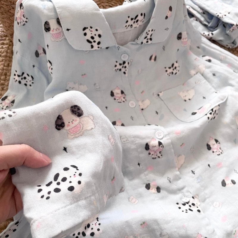 侘町睡衣女2025新款纯棉开衫休闲秋冬可外穿卡通糯米蓝狗狗家居服