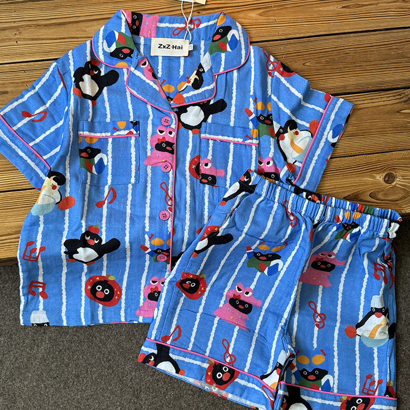 侘町2025年新款蓝色音乐PINGU儿童纯棉睡衣男女童中大童家居服夏