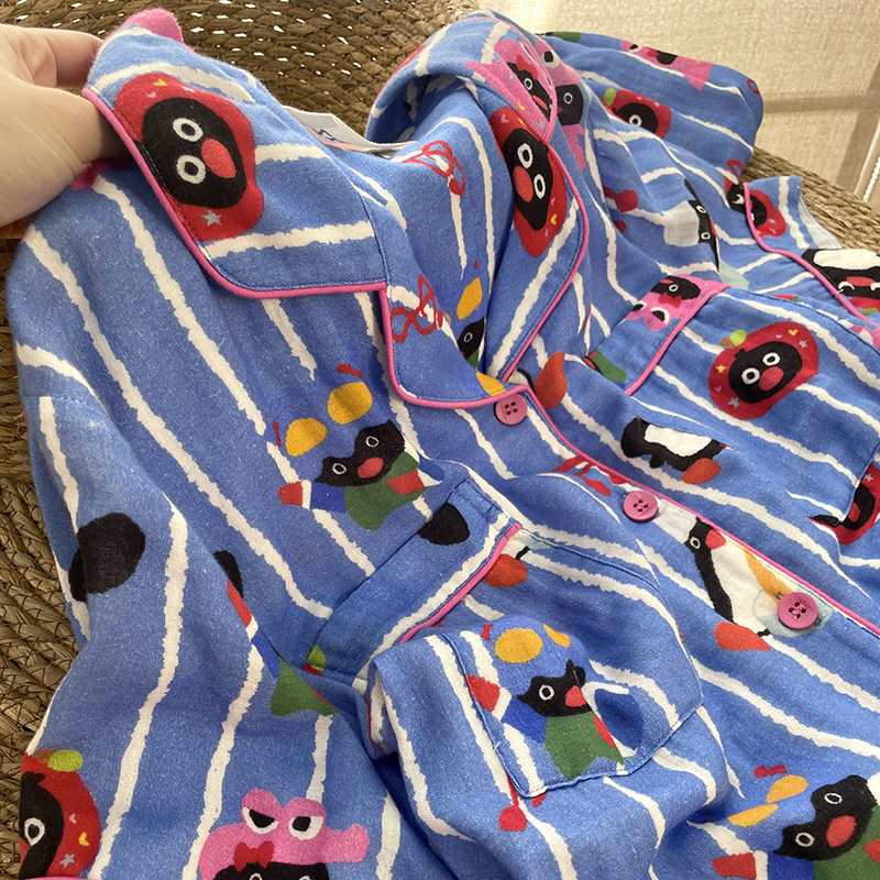 侘町2025年新款蓝色音乐pingu短袖睡衣女夏季纯棉棉纱家居服套装