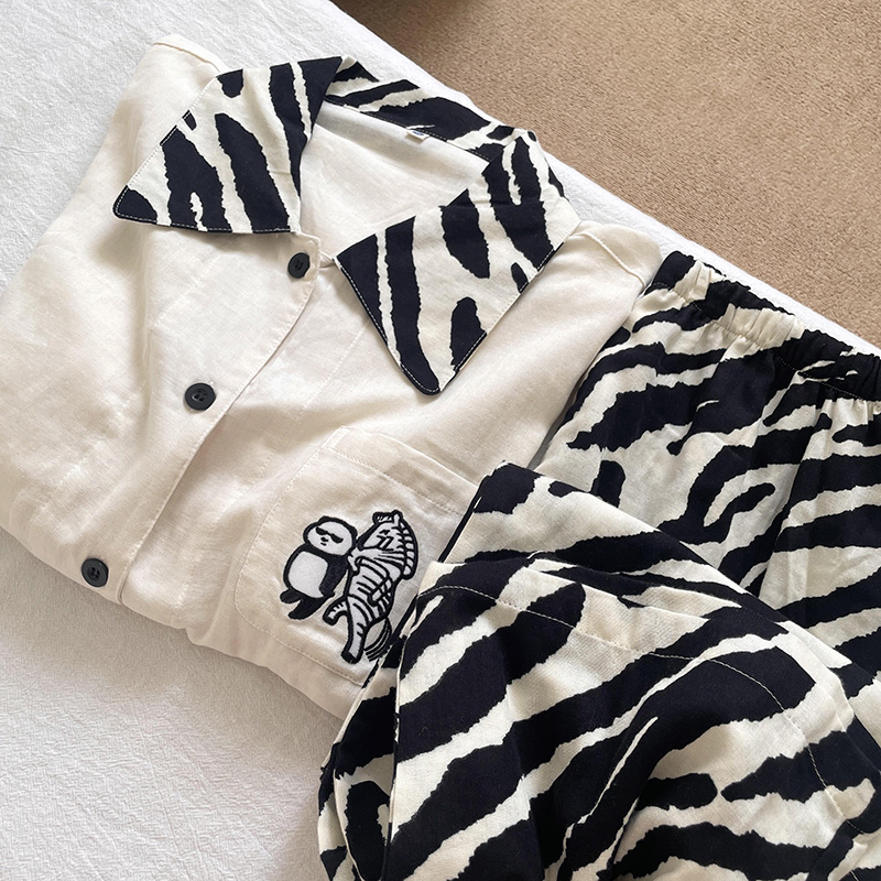 侘町2025年新款简约斑马黑白格纯棉长袖睡衣女春秋款可外穿家居服