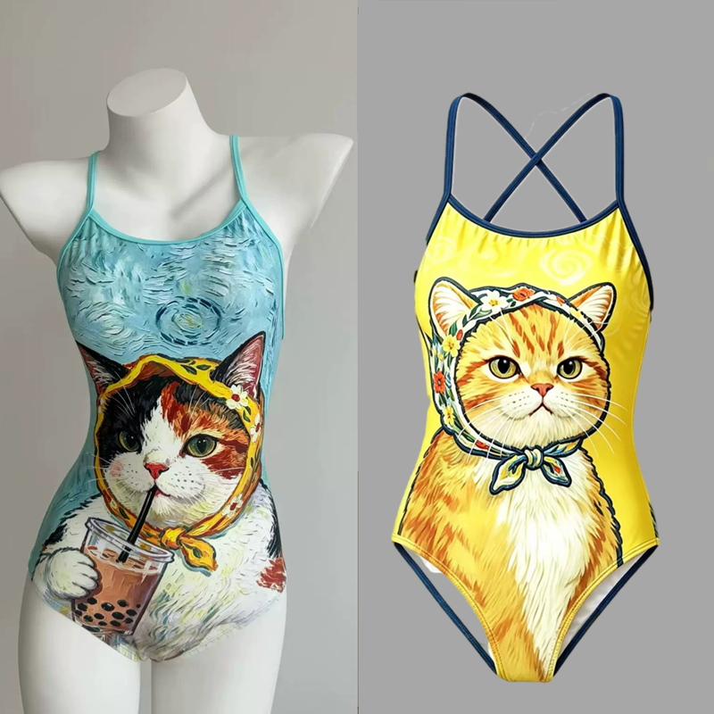 卡通猫咪连体三角泳衣女款竞技游泳专业训练可爱减龄显瘦露背低叉