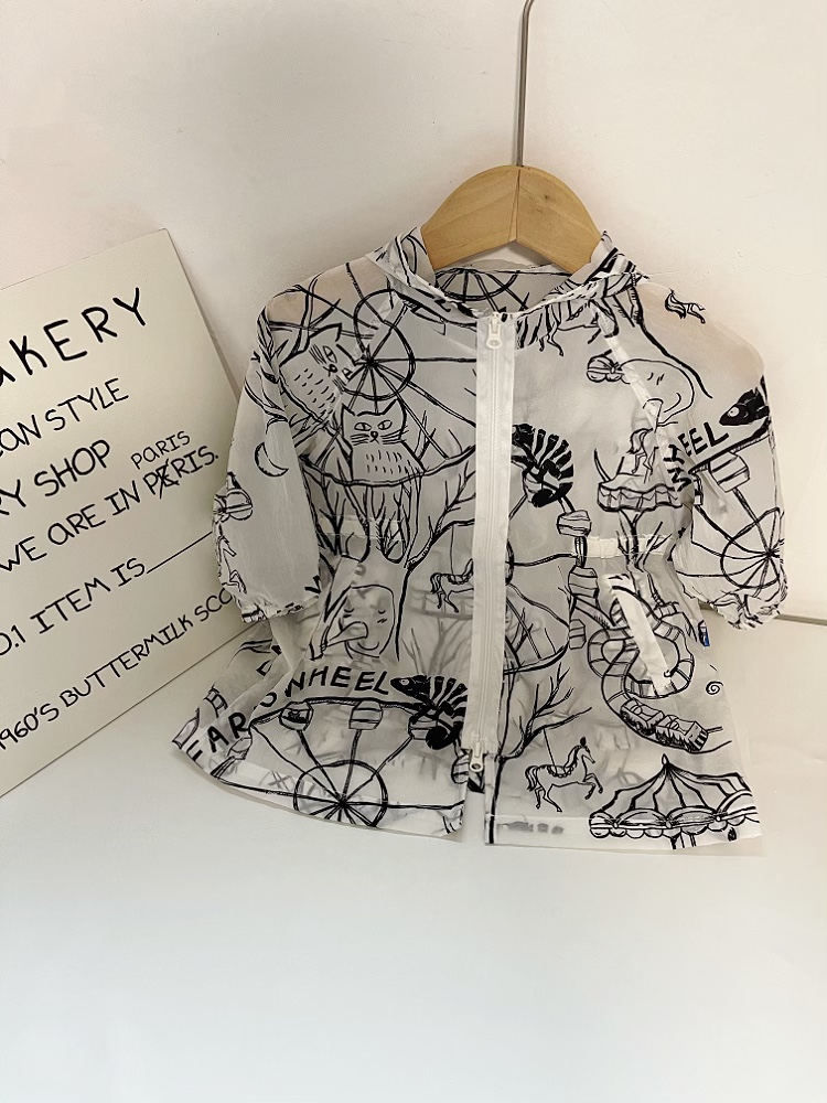 蒙系列小童夏装男童白底印花双开拉链连帽防晒衣女童防晒外套80码