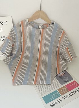 吾名堂品牌折扣男女童夏装新款休闲百搭条纹短袖衬衫不对称上衣